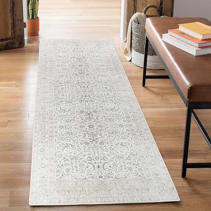 Bloom Rugs Washable Non-Slip 10 ft Runner - Beige/Off White Traditional Bordered Runner for Entryway, Hallway, Bathroom, and Kitchen - Exact Size: 2.5' x 10'