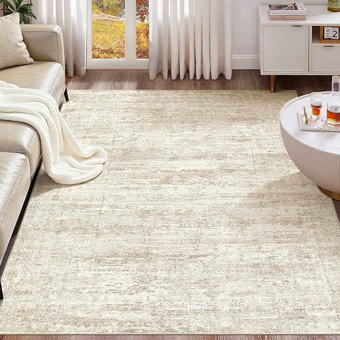 7x9 Area Rug Living Room Rugs - Washable Neutral Modern Abstract Soft Thin Rug Indoor Floor No Slip Rug Carpet for Bedroom Under Dining Table Home Office Decor - Beige/Brown