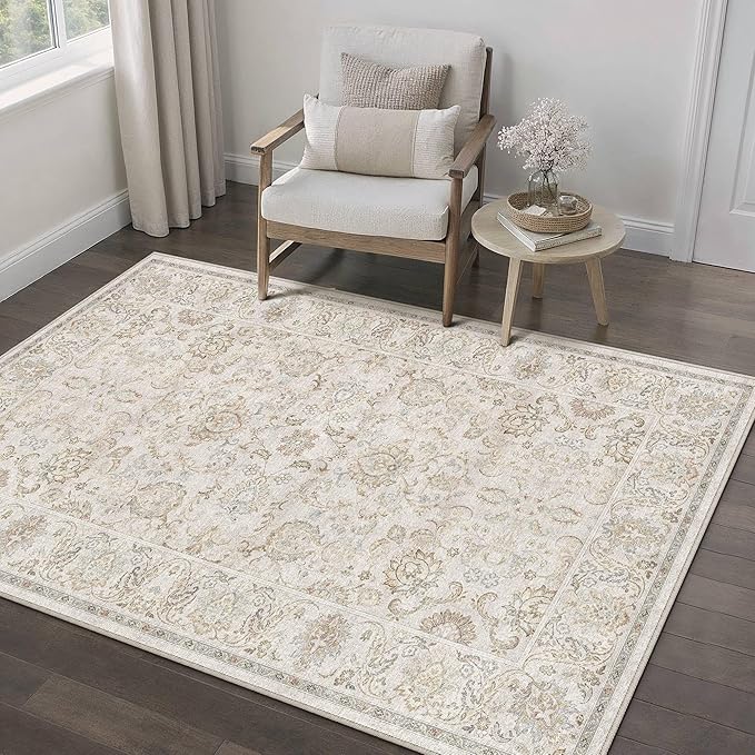 HUGEAR 3x5 Machine Washable Area Rugs Vintage Grey - Neutral Non Slip Stain Resistant Low Pile Aesthetic Throw Carpet Kids & Pet Friendly for Living Room Kitchen Dining Room Laundry