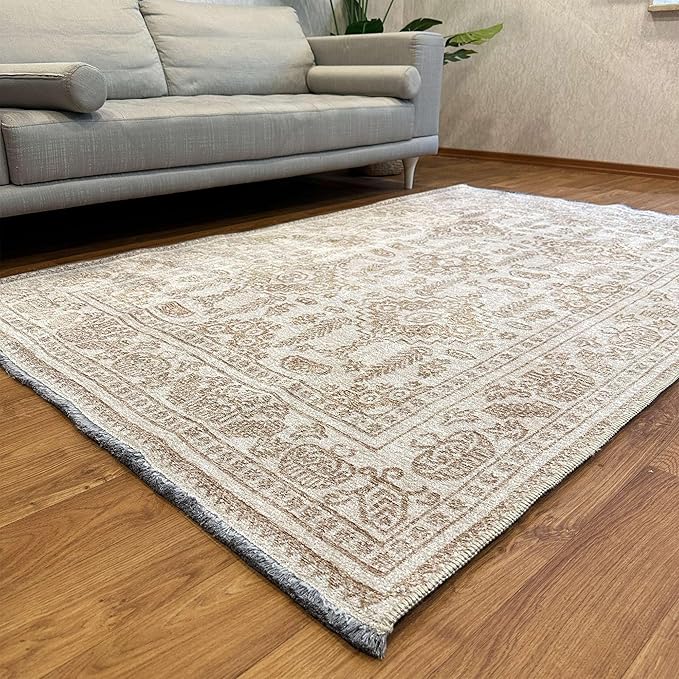 Alfa Rich 7x10 Beige Off White Washable Area Rugs for Living Room Bedroom Kitchen Dining Cotton Rug