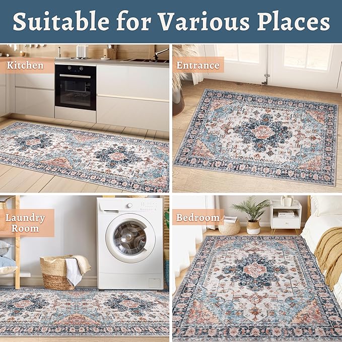 Tangsoo 4x6 Area Rug for Living Room, Washable Vintage Indoor, Distressed Blue/Beige Carpet for Bedroom, Non Slip Dining Room, Soft Low Pile Rugs Foldable for Dorm Bedside Bathroom