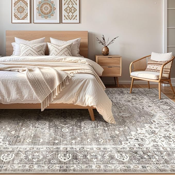 10x14 Area Rugs Living Room: Washable Boho Large Neutral Vintage Soft Rug Stain Resistant Farmhouse Non-Slip Indoor Rustic Floor Carpet for Bedroom Nursery Kids Playroom Office Dining Room- Dark Brown