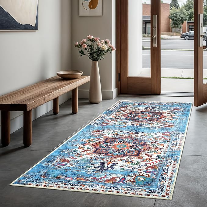 GLN Rugs Traditional Collection - Machine Washable Area Rug, Traditional Washable, Non Slip, Low Pile Chenille Rug, Living Room, Bedroom, Kitchen Rug (2'6" x 10' Blue/Multicolor)