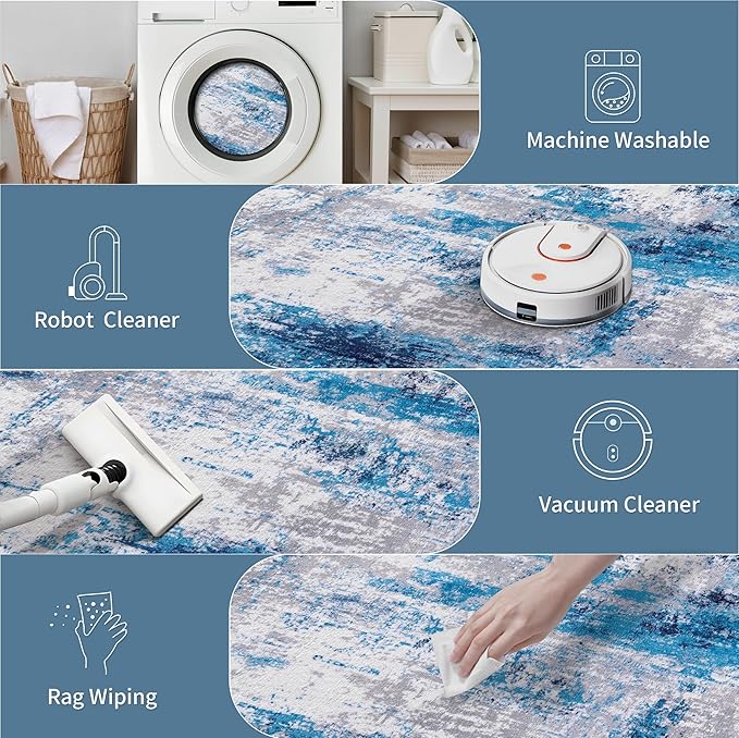 Ciicool 2x6 Washable Runner Rug, Modern Abstract Hallway Rugs Runner, Non-Slip Thin Accent Rug Lightweight Grey Blue White Print Distressed Carpet for Laundry Entryway Bedroom Kitchen Indoor