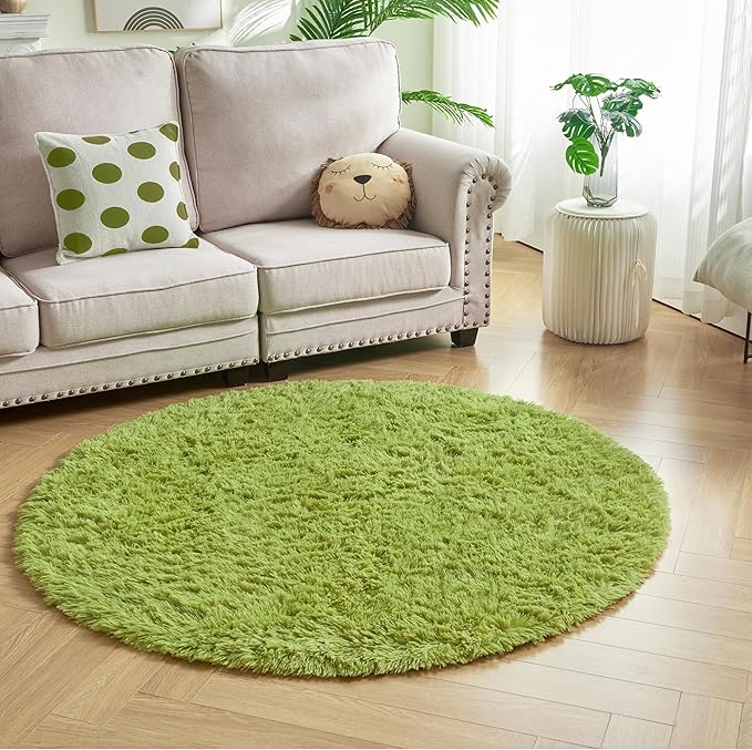 Andency Grass Green Round Area Rug 5x5 for Bedroom, Fluffy Shag Circle Rug for Room, Faux Fur Carpet for Home Decor, Fuzzy Plush Circular Rug for Living Room, Playroom