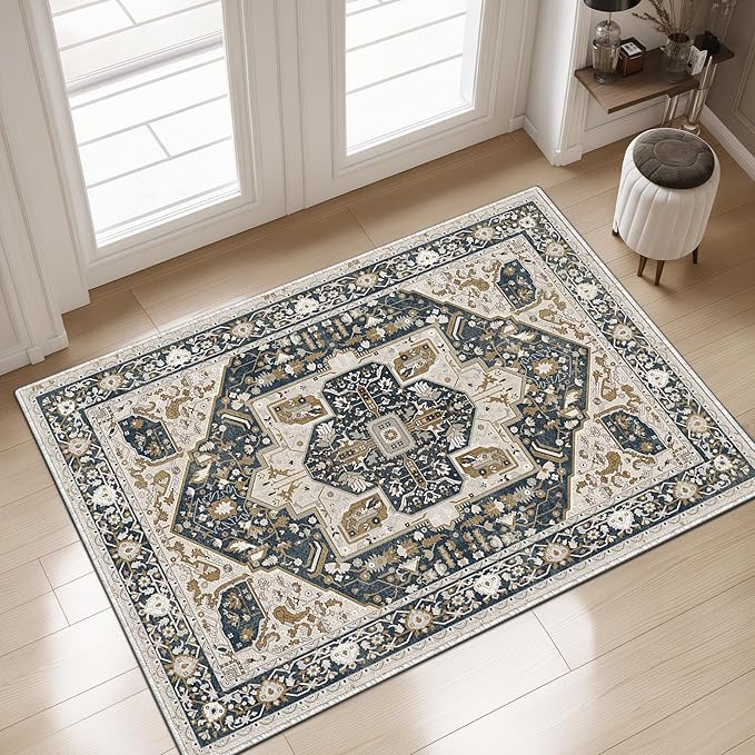 EnHomee 3x5 Washable Area Rugs for Bedroom, Boho Vintage Rugs, Foldable Area Rug for Dining Room, Non-Slip Soft Living Room Rug, Low Pile Large Carpet for Bathroom, Blue and Brown