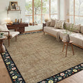 GarveeHome Washable Living Room Rug 9x12 Floral Bordered Area Rugs Soft Thin Indoor Carpet for Bedroom Modern Throw Aesthetic Mat Non Slip Stain Resistant Carpet for Dining Room Office, Brown