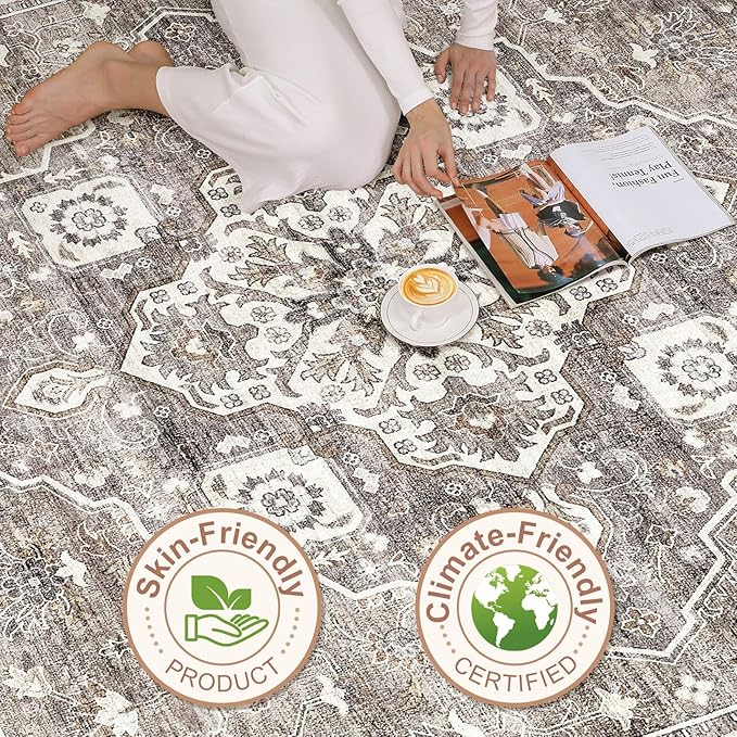 9x12 Area Rug Living Room: Washable Boho Large Neutral Vintage Soft Rugs Stain Resistant Farmhouse Non-Slip Indoor Rustic Floor Carpet for Bedroom Nursery Kids Playroom Office Dining Room- Dark Brown