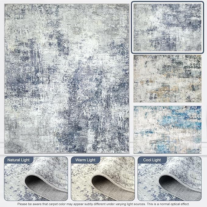Washable Area Rug for Living Room 6x9 - Neutral Modern Abstract Rugs, Soft Non Slip Thin Carpet with for Bedroom, Under Dining Room Table, Home, Office, Dorm - Indigo Gray