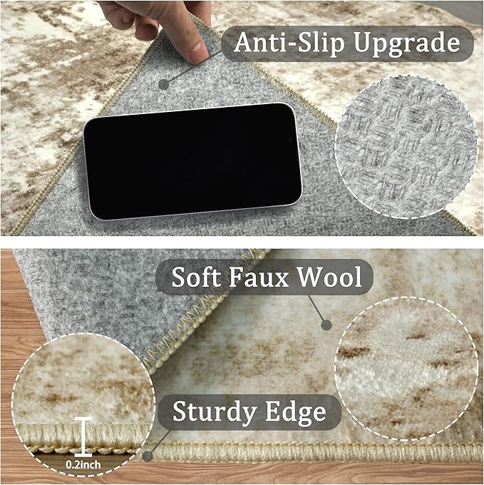 8x10 Machine Washable Area Rug for Living Room, Brown Modern Vintage Abstract Rug Large Non-Slip Low Pile Soft Faux Wool Carpet, Kids and Pets Friendly for Bedroom Dining Room Farmhouse Home Decor Rug