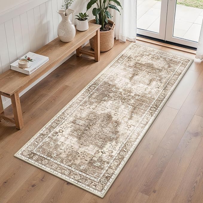 Runner Rug 2'6''x6 Non Slip Machine Washable Vintage Hallway Runner Rug, Low PileLight Weight Rugs for Entryway, Hallway, Kitchen and Corridor, Latte Beige