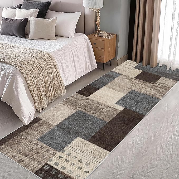 Modern Geometric Patchwork Indoor Runner Rug for Living Room, Blue-Taupe 2.7'x 8' Rug Rockwood Collection Hardwood Floors Decor for Bedroom, Blue Throw Carpet for Office Entryway Dining Room