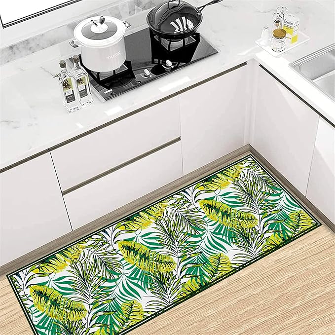 Green Botanical Tropical Leaves Rug 3.3x10ft - Non-Slip Washable Runner, Soft Durable Floor Mat for Hallway, Kitchen, Bedside, Entryway Home Decor