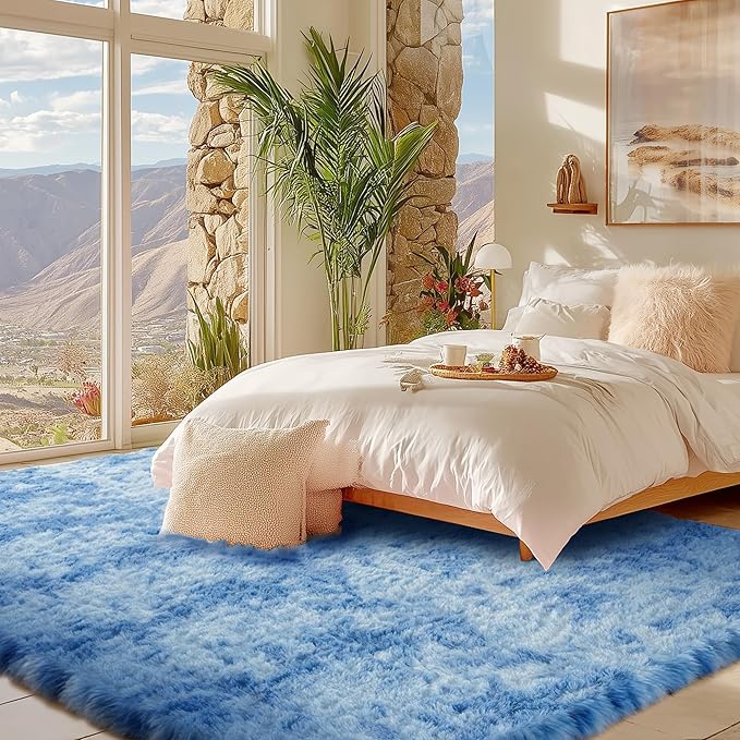 Andency 6x9 Area Rugs, Large Shag Fluffy Soft Shaggy Rugs for Living Room Bedroom, Non-Slip Tie-Dyed Blue Thick Plush Carpet for Kids Girls and Boys, Dorm Nursery Home Decor Aesthetic