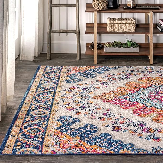 JONATHAN Y Boho Vintage Blue/Multi Indoor Area Rug, 10x13, Bohemian Flair Medallion, Floral Easy-Cleaning High Traffic for Living Room, Bedroom, Kitchen, Pet-Friendly, Non-Shedding (BMF106A-13)