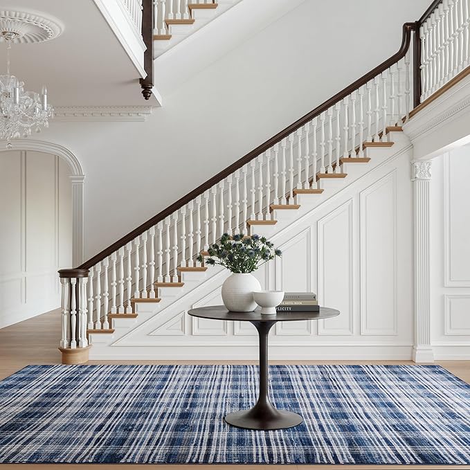 Dash & Albert Denim Plaid Blue Machine Washable Rug, 7.5 X 9.5 Feet, Blue/White Plaid Pattern