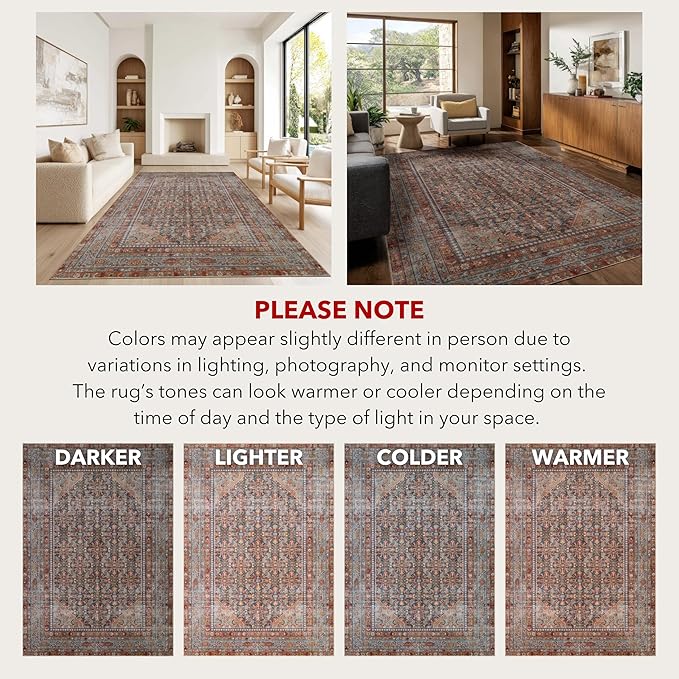 Kuden 8x10 Large Area Rug, Machine Washable Area Rug with Non-Slip Backing, Vintage Style, Soft, Easy Clean, Low Pile Rug for Living Room, Bedroom, Dining Room