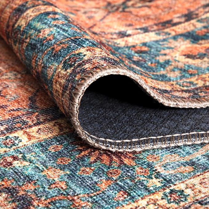 Bloom Rugs Washable Non-Slip 4' x 6' Rug - Orange/Teal Blue Traditional Bordered Area Rug for Living Room, Bedroom, Dining Room, and Kitchen - Exact Size: 4' x 6'