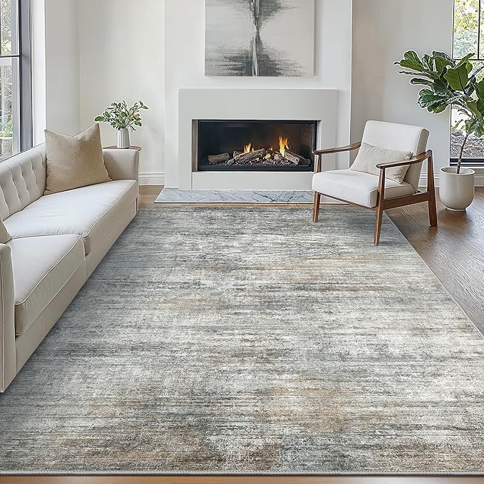 Bavni 9X12 Area Rug, Abstract Modern Living Room Rug, Large Machine Washable Rug Non-Slip, Soft Low Pile Rugs for Bedroom, Playroom, Dining Room, Granite Gray