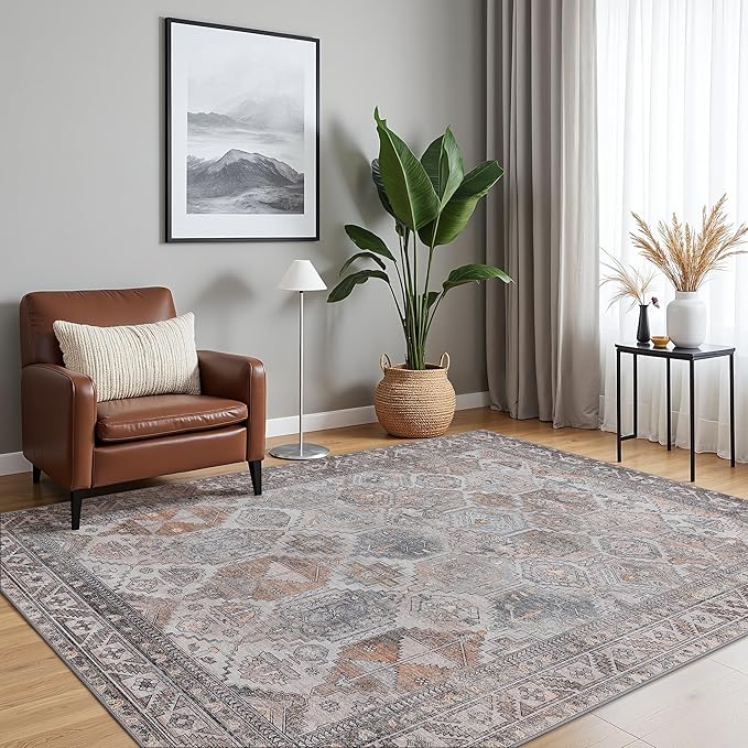 Bavni Washable Rug 9x12 Area Rug for Living Room Bedroom Dining, Washable Vintage Print Carpet, Ultra-Thin Chenille Low Pile Lightweight Rug with Non Slip Backing, Retro Grey