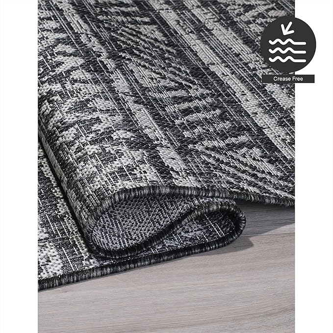 FH Home Outdoor Rug - Waterproof Easy to Clean Stain Resistant - Patio Indoor Outdoor Porch Deck Balcony Entryway - Striped Boho - Amman - Charcoal - 6' x 9'