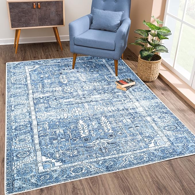 Bloom Rugs Washable Non-Slip 9' x 12' Rug - Blue Traditional Area Rug for Living Room, Bedroom, Dining Room, and Kitchen - Exact Size: 9' x 12'