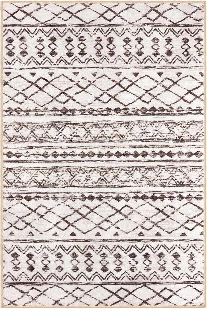 KUTA 3x5 Entryway Rug, Brown Non-Slip Washable Low-Pile Boho Moroccan Living Room Area Rug, Ultra Soft Distressed Geometric Print Throw Carpet for Entrance, Bedroom, Nursery, Dorm, Kitchen