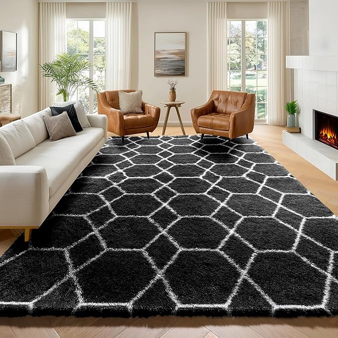 ONASAR 6x9 Area Rugs for Living Room Bedroom, Washable Large Fluffy Black and White Throw Rug, Geometric Soft Plush Shaggy Floor Carpet for Nursery Kids Girls Boys Teen Dorm Home Decor Aesthetic