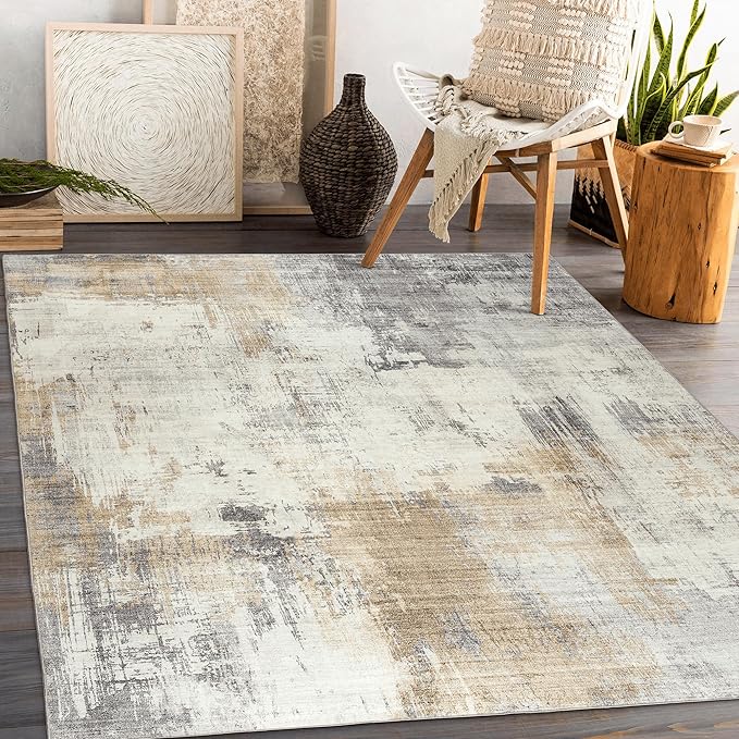 ReaLife Rugs Machine Washable Area Rug - Living Room Bedroom Bathroom Kitchen Entryway Office - Padded Low Pile Stain Resistant Premium - Modern Abstract Contemporary - Quinn - Beige 5' x 7'