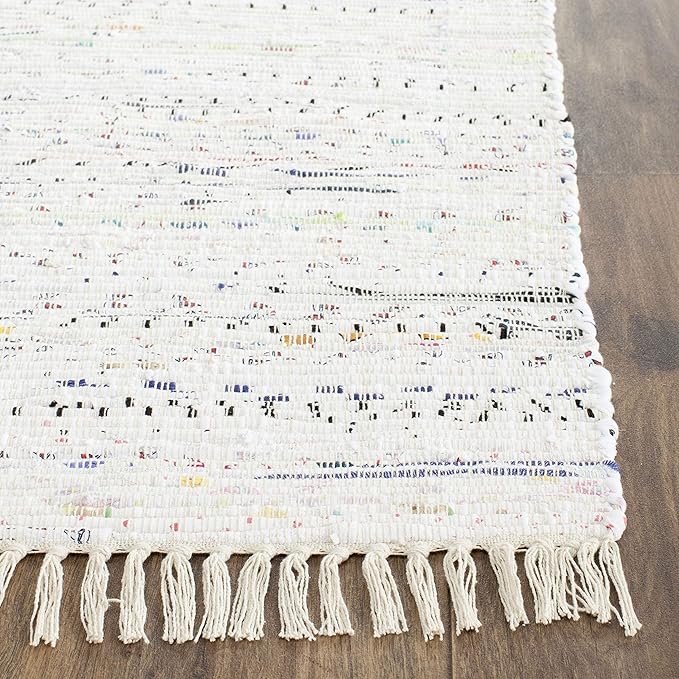 SAFAVIEH Rag Rug Collection Area Rug - 5' Square, Ivory & Multi, Handmade Boho Stripe Cotton, Ideal for High Traffic Areas in Living Room, Bedroom (RAR121G)