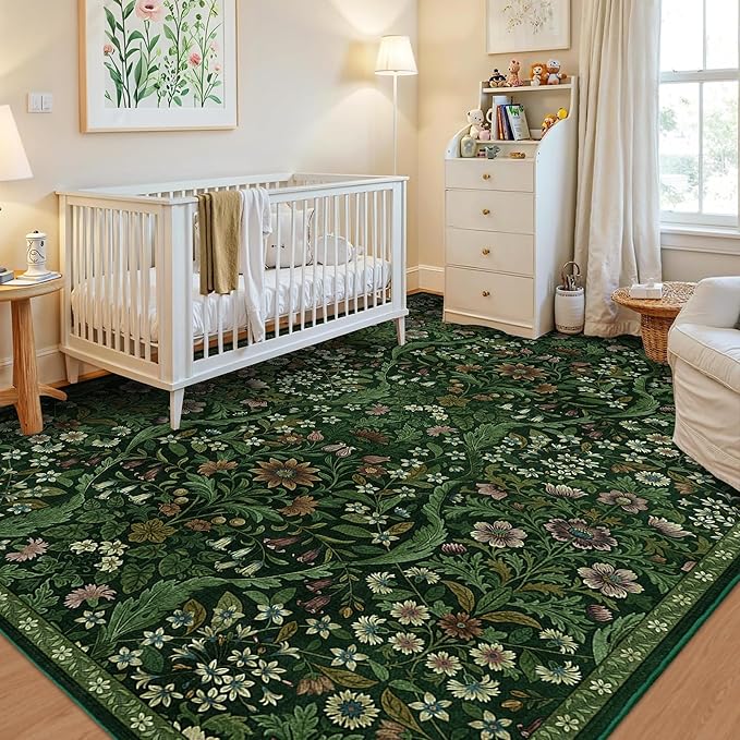 5×7 Dark Green Washable Floral Area Rug,Vintage Boho Soft Low-Pile Living Room Rugs, Stain Resistant Botanical Non-Slip Carpet for Bedroom,Dining Room, Kids Nursery,Home Decor