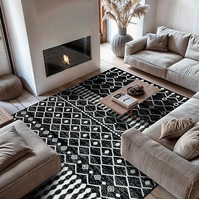 Rugshop Boho Black and White Tribal Area Rug – Geometric Diamond and Stripe Pattern Carpet for Living Room, Bedroom, or Entryway – Soft Modern Bohemian Floor Décor 7' 10" x 10' Black