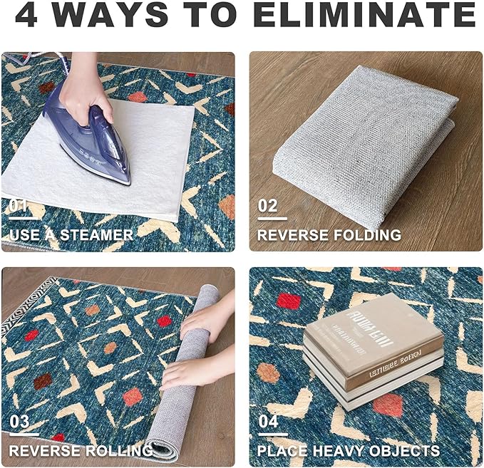 KILOCOCO Area Rug 4'x6' Entryway Rug Washable Bedroom Rug Non Slip Printed Boho Rubber Backed Low-Pile Soft Rugs for Kitchen Living Room Dining Geometric Moroccan Carpet, Teal/Blue