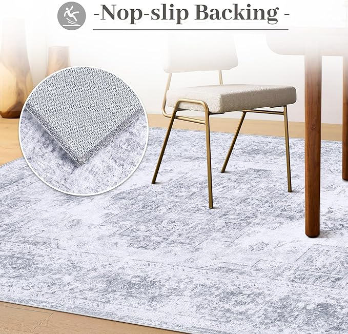 Area Rug 4x6 Vintage Rug, Machine Washable Vintage Distressed Medallion Rug Non-Slip Soft Low Pile Large Indoor Rugs for Bedroom Kitchen Dining Room Office(LightGrey,4'x6')