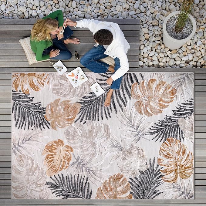 CAMILSON Indoor Outdoor Rug, Yellow 6’x9’ Leaf Tropical Botanical Area Rugs for Indoor and Outdoor patios, Easy-Cleaning Non-Shedding Living Room, Garden and Kitchen Washable Outside Carpet (6x9)