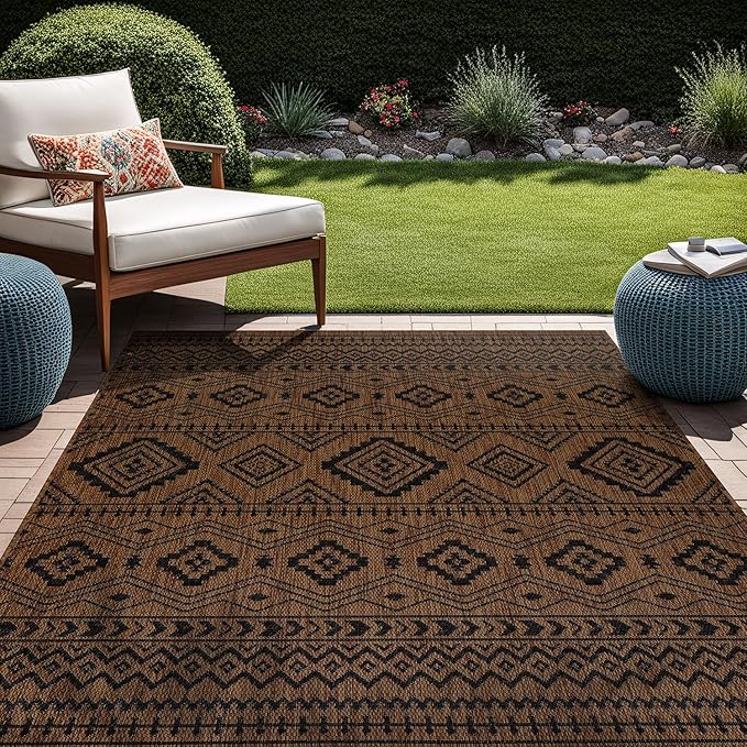 Beverly Rug Waikiki Boho Indoor Outdoor Rug 8x10, Washable Outside Carpet for Patio, Deck, Porch, Bohemian Area Rug, Farmhouse Rugs, Aztec Tribal Rug, Nut Brown and Black