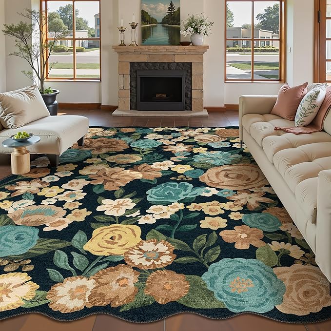 Washable Floral Area Rug 8x10 Black Living Room Large Carpet Bedroom Scalloped Flower Non Slip Soft Throw Rug Farmhouse Low Pile Thin Indoor Floor Cover for Dining Room Office