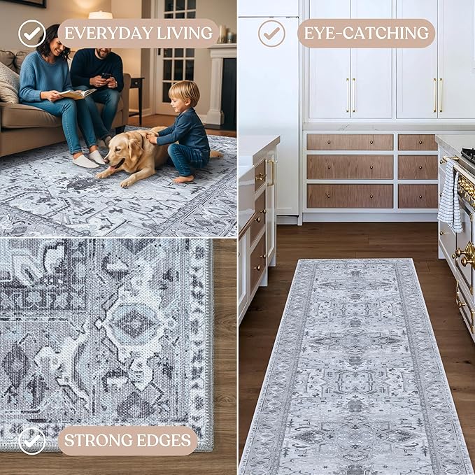 Washable Area Rug. Modern Farmhouse. Vintage. Turkish. Bohemian. Distressed. Oriental. Traditional. Rugs for Living Room. Dining. Bedroom. Office. Entryway. Foyer. (861GG, 2'5" x 6'5")