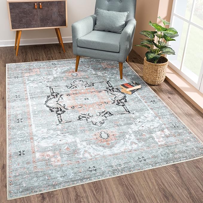 Bloom Rugs Washable Non-Slip 3' x 5' Rug - Gray/Coral Pink Traditional Area Rug for Living Room, Bedroom, Dining Room, and Kitchen - Exact Size: 3' x 5'