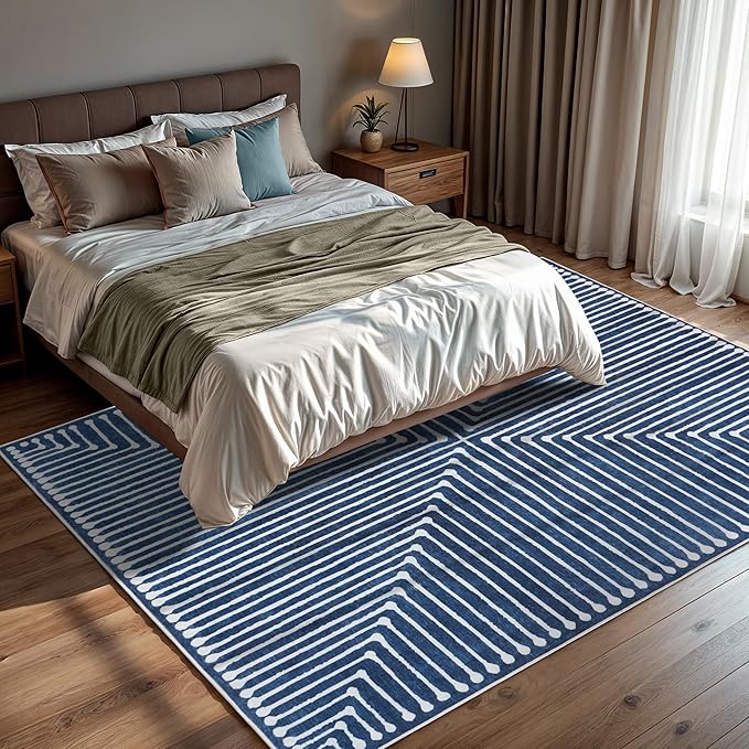 GLN Rugs Contemporary Collection - Machine Washable Area Rug, Contemporary Washable, Non Slip, Low Pile Chenille Rug, Living Room, Bedroom, Kitchen Rug (8' x 10' Lines Blue)