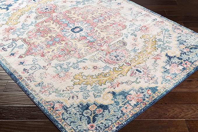 Livabliss Area Rugs - 5x5 Odelia Vintage Boho Aqua Burgandy Blue Square Area Rug for Living Room Bedroom - Floral Medallion Stain Resistant Carpet for Kitchen, Nursery, Office (5'3" Square)