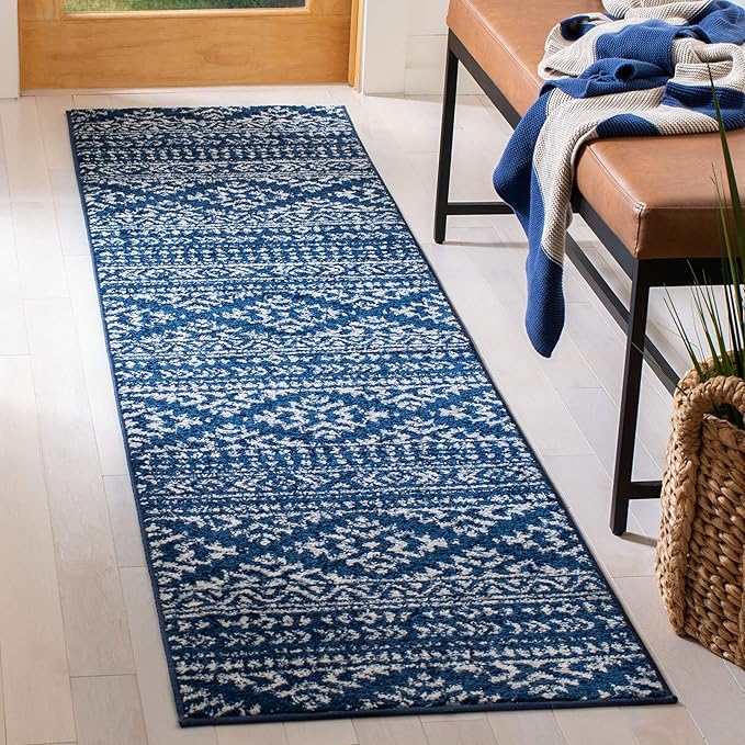 SAFAVIEH Tulum Collection Runner Rug - 2' x 13', Navy & Ivory, Moroccan Boho Tribal Design, Non-Shedding & Easy to Clean, Ideal for Living Room, Hallway, Foyer, Bedroom (TUL272N)