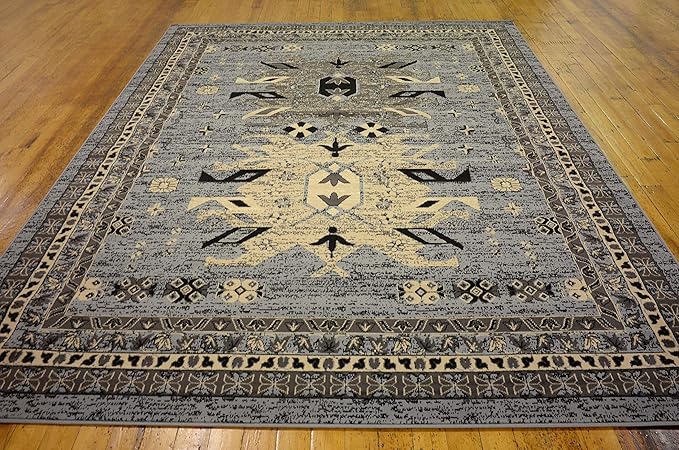 Unique Loom Taftan Collection Border Geometric Tribal Inspired Design Area Rug (8' 0 x 10' 0 Rectangular, Gray/ Black)