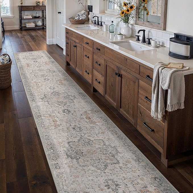 2'6''x14 Runner Rugs for Hallway, Machine Washable Non Slip Vintage Rugs, Low Pile Soft Print Rug for enrtyway, Corridor, Home Office,Light Taupe Brown