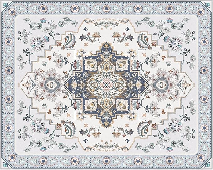 Phantoscope Washable Area Rug 8'x10' Non-Slip, Vintage Boho Rugs for Living Room, Bedroom, Dining Room, Persian Floral Medallion Pattern, Low-Pile Foldable Floor Carpet, Ivory Blue/Garden Bloom