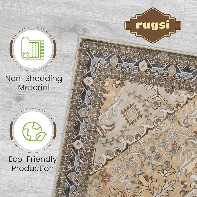 Washable Area Rug 6x9 | Non Slip Area Rug for Living Room, Bedrooms, Dining Room | Ultra-Soft Flannel Carpet Area with Rubber Backing (Olive Brown, 6x9)