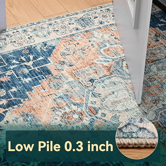 YJ.GWL Area Rugs for Living Room 8x10 Machine Washable Rugs, Non Slip Floral Vintage Rug Indoor Carpet, Stain Resistant Large Rug for Bedroom Dining Room, Dark Blue