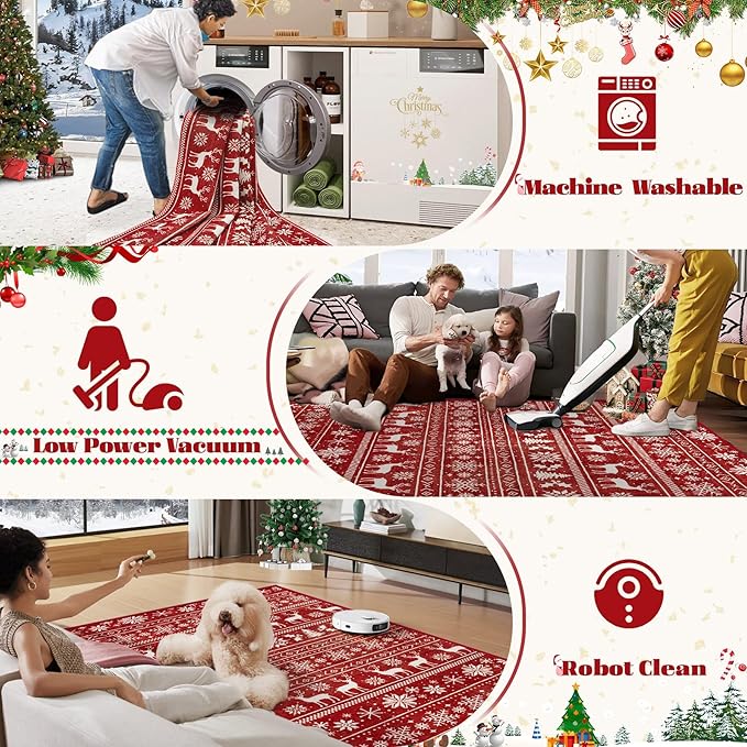 Christmas Rug 4x6 Washable Rugs, Boho Christmas Tree Snowflake Rug Non-Slip Soft Low Pile Non Shedding Indoor Holiday Decor Carpet for Living Room Bedroom Dining Room Home Office (Xmas Red, 4'x6')