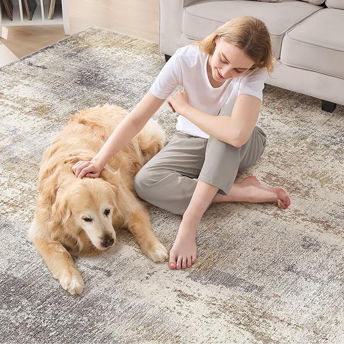 Area Rug Living Room Rugs - 10x12 Washable Large Soft Indoor Neutral Modern Abstract Low Pile Rug Carpet for Bedroom Dining Room Farmhouse Home Office - Brown Grey