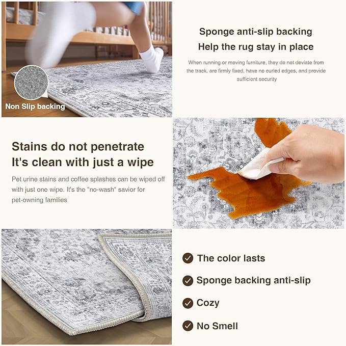 HUGEAR Washable 3x5 Area Rugs Retro Grey Living Room Bedroom Rug Vintage Distressed Non Slip Stain Resistant Low Pile Neutral Throw Carpet for Home Decor